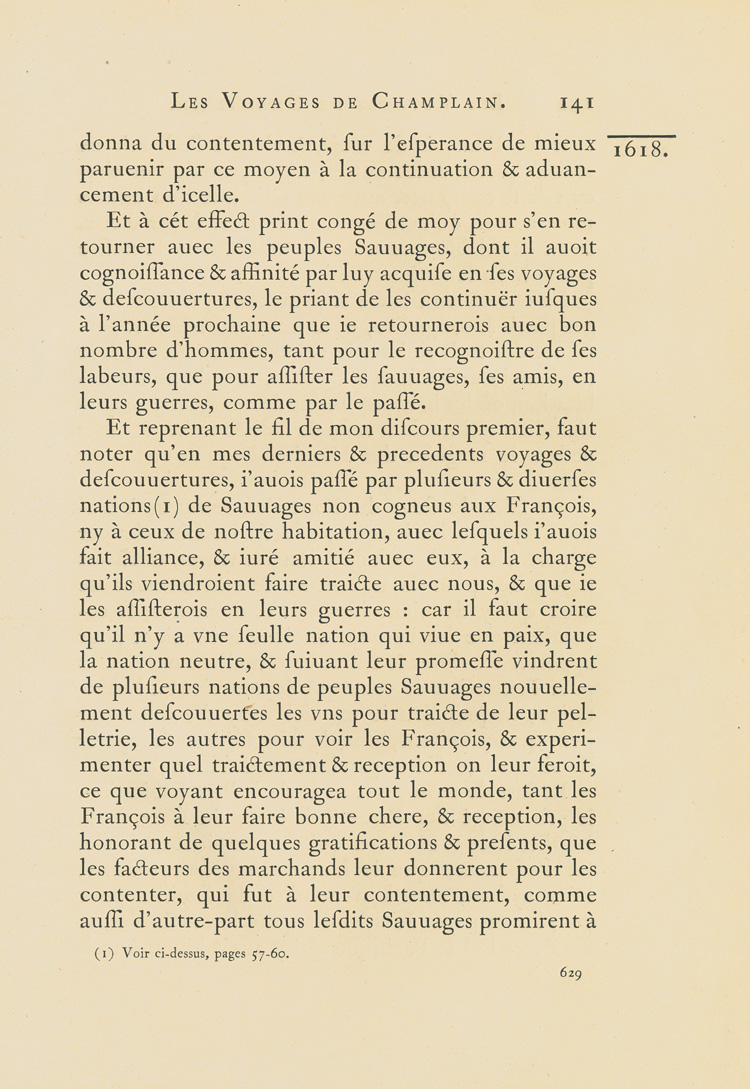 Reproduction de la six cent vingt-neuvi&egrave;me page du premier tome de la deuxi&egrave;me &eacute;dition critique de Charles-Honor&eacute; Laverdi&egrave;re des Oeuvres de Champlain relatant l’exp&eacute;dition de 1615-1616 d’&Eacute;tienne Br&ucirc;l&eacute; en territoire am&eacute;ricain, 1870.