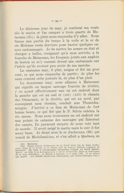 Reproduction de la trente-neuvi&egrave;me page du Journal de l’exp&eacute;dition du chevalier de Troyes &agrave; la baie d’Hudson en 1686, &eacute;dit&eacute; et annot&eacute; par Yvanhoe Caron, d&eacute;crivant le trajet de Mattawa &agrave; la rivi&egrave;re Moose, en passant par la rivi&egrave;re Outaouais, le lac Temiscamingue, le lac et la rivi&egrave;re Abitibi, 1918.