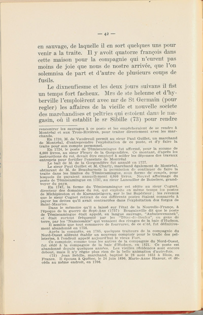 Reproduction de la quarante-deuxi&egrave;me page du Journal de l’exp&eacute;dition du chevalier de Troyes &agrave; la baie d’Hudson en 1686, &eacute;dit&eacute; et annot&eacute; par Yvanhoe Caron, d&eacute;crivant le trajet de Mattawa &agrave; la rivi&egrave;re Moose, en passant par la rivi&egrave;re Outaouais, le lac Temiscamingue, le lac et la rivi&egrave;re Abitibi, 1918.