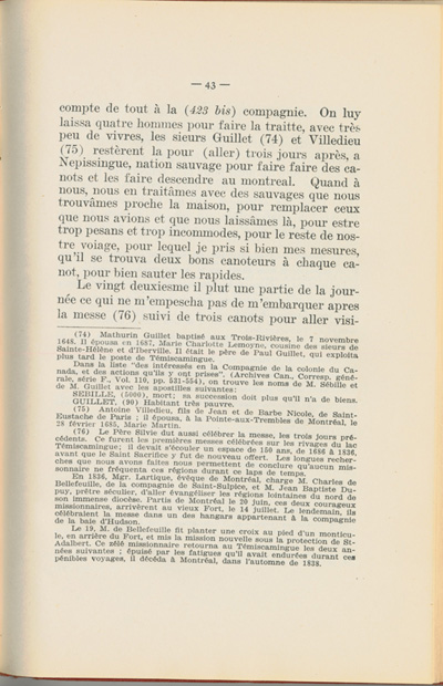 Reproduction de la quarante-troisi&egrave;me page du Journal de l’exp&eacute;dition du chevalier de Troyes &agrave; la baie d’Hudson en 1686, &eacute;dit&eacute; et annot&eacute; par Yvanhoe Caron, d&eacute;crivant le trajet de Mattawa &agrave; la rivi&egrave;re Moose, en passant par la rivi&egrave;re Outaouais, le lac Temiscamingue, le lac et la rivi&egrave;re Abitibi, 1918.