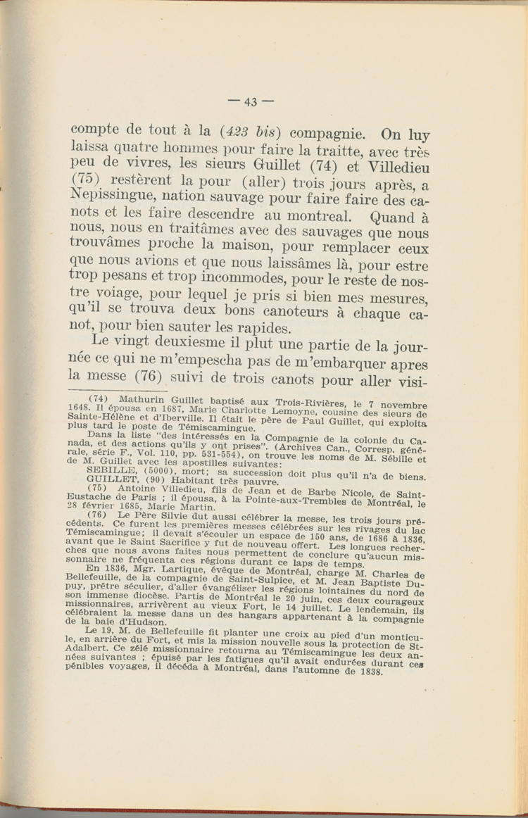 Reproduction de la quarante-troisi&egrave;me page du Journal de l’exp&eacute;dition du chevalier de Troyes &agrave; la baie d’Hudson en 1686, &eacute;dit&eacute; et annot&eacute; par Yvanhoe Caron, d&eacute;crivant le trajet de Mattawa &agrave; la rivi&egrave;re Moose, en passant par la rivi&egrave;re Outaouais, le lac Temiscamingue, le lac et la rivi&egrave;re Abitibi, 1918.