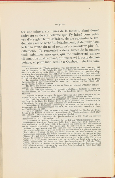Reproduction de la quarante-quatri&egrave;me page du Journal de l’exp&eacute;dition du chevalier de Troyes &agrave; la baie d’Hudson en 1686, &eacute;dit&eacute; et annot&eacute; par Yvanhoe Caron, d&eacute;crivant le trajet de Mattawa &agrave; la rivi&egrave;re Moose, en passant par la rivi&egrave;re Outaouais, le lac Temiscamingue, le lac et la rivi&egrave;re Abitibi, 1918.