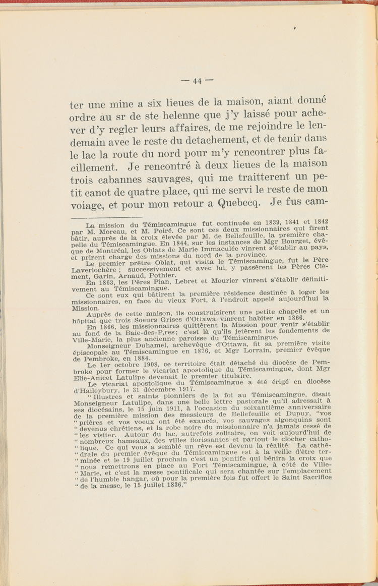 Reproduction de la quarante-quatri&egrave;me page du Journal de l’exp&eacute;dition du chevalier de Troyes &agrave; la baie d’Hudson en 1686, &eacute;dit&eacute; et annot&eacute; par Yvanhoe Caron, d&eacute;crivant le trajet de Mattawa &agrave; la rivi&egrave;re Moose, en passant par la rivi&egrave;re Outaouais, le lac Temiscamingue, le lac et la rivi&egrave;re Abitibi, 1918.