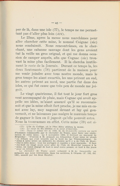 Reproduction de la quarante-cinqui&egrave;me page du Journal de l’exp&eacute;dition du chevalier de Troyes &agrave; la baie d’Hudson en 1686, &eacute;dit&eacute; et annot&eacute; par Yvanhoe Caron, d&eacute;crivant le trajet de Mattawa &agrave; la rivi&egrave;re Moose, en passant par la rivi&egrave;re Outaouais, le lac Temiscamingue, le lac et la rivi&egrave;re Abitibi, 1918.
