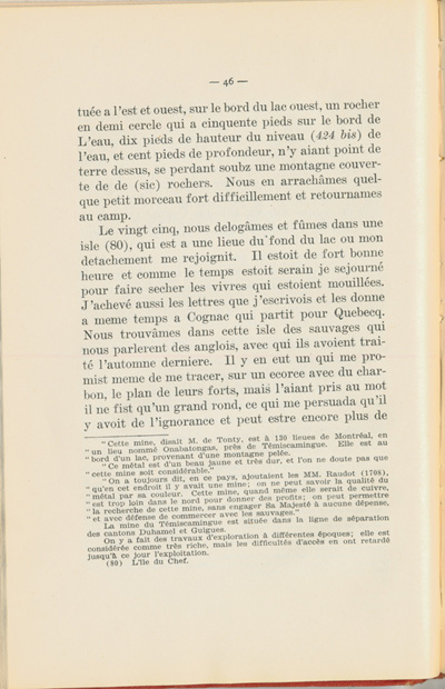 Reproduction de la quarante-sixi&egrave;me page du Journal de l’exp&eacute;dition du chevalier de Troyes &agrave; la baie d’Hudson en 1686, &eacute;dit&eacute; et annot&eacute; par Yvanhoe Caron, d&eacute;crivant le trajet de Mattawa &agrave; la rivi&egrave;re Moose, en passant par la rivi&egrave;re Outaouais, le lac Temiscamingue, le lac et la rivi&egrave;re Abitibi, 1918.