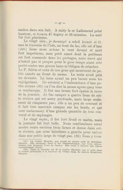 Reproduction de la quarante-septi&egrave;me page du Journal de l’exp&eacute;dition du chevalier de Troyes &agrave; la baie d’Hudson en 1686, &eacute;dit&eacute; et annot&eacute; par Yvanhoe Caron, d&eacute;crivant le trajet de Mattawa &agrave; la rivi&egrave;re Moose, en passant par la rivi&egrave;re Outaouais, le lac Temiscamingue, le lac et la rivi&egrave;re Abitibi, 1918.