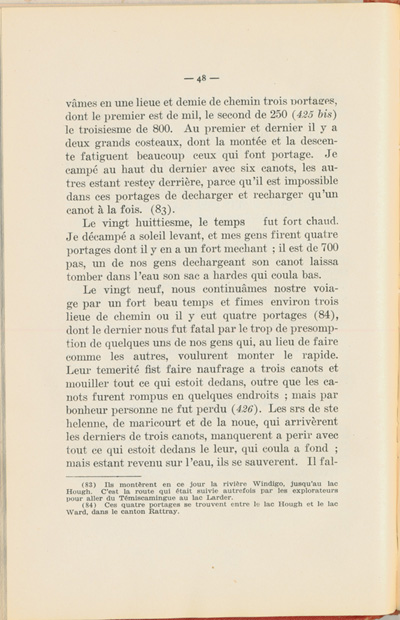 Reproduction de la quarante-huiti&egrave;me page du Journal de l’exp&eacute;dition du chevalier de Troyes &agrave; la baie d’Hudson en 1686, &eacute;dit&eacute; et annot&eacute; par Yvanhoe Caron, d&eacute;crivant le trajet de Mattawa &agrave; la rivi&egrave;re Moose, en passant par la rivi&egrave;re Outaouais, le lac Temiscamingue, le lac et la rivi&egrave;re Abitibi, 1918.