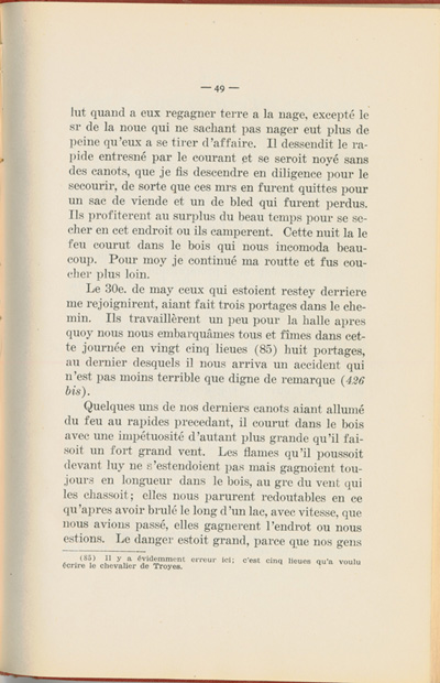 Reproduction de la quarante-neuvi&egrave;me page du Journal de l’exp&eacute;dition du chevalier de Troyes &agrave; la baie d’Hudson en 1686, &eacute;dit&eacute; et annot&eacute; par Yvanhoe Caron, d&eacute;crivant le trajet de Mattawa &agrave; la rivi&egrave;re Moose, en passant par la rivi&egrave;re Outaouais, le lac Temiscamingue, le lac et la rivi&egrave;re Abitibi, 1918.