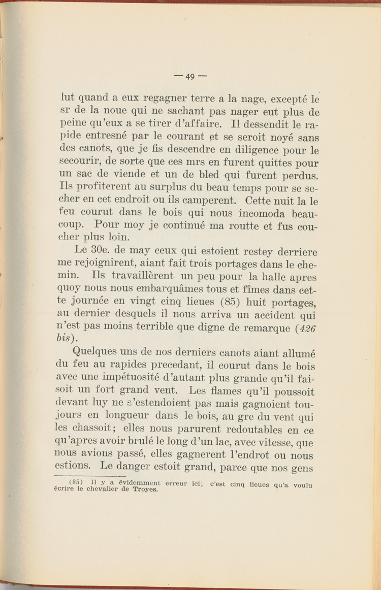 Reproduction de la quarante-neuvi&egrave;me page du Journal de l’exp&eacute;dition du chevalier de Troyes &agrave; la baie d’Hudson en 1686, &eacute;dit&eacute; et annot&eacute; par Yvanhoe Caron, d&eacute;crivant le trajet de Mattawa &agrave; la rivi&egrave;re Moose, en passant par la rivi&egrave;re Outaouais, le lac Temiscamingue, le lac et la rivi&egrave;re Abitibi, 1918.