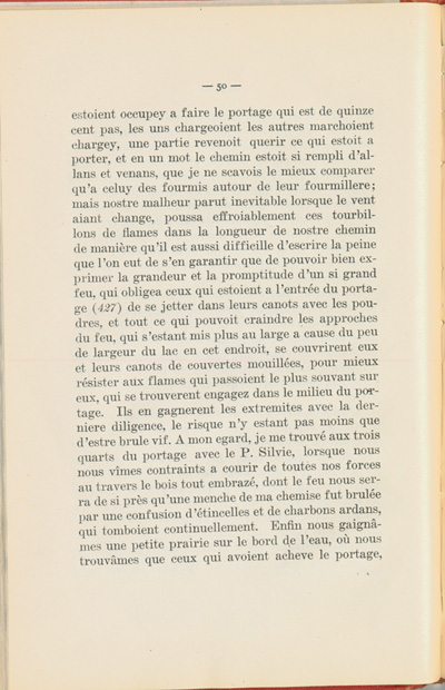 Reproduction de la cinquanti&egrave;me page du Journal de l’exp&eacute;dition du chevalier de Troyes &agrave; la baie d’Hudson en 1686, &eacute;dit&eacute; et annot&eacute; par Yvanhoe Caron, d&eacute;crivant le trajet de Mattawa &agrave; la rivi&egrave;re Moose, en passant par la rivi&egrave;re Outaouais, le lac Temiscamingue, le lac et la rivi&egrave;re Abitibi, 1918.