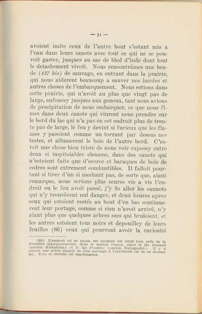 Reproduction de la cinquante et uni&egrave;me page du Journal de l’exp&eacute;dition du chevalier de Troyes &agrave; la baie d’Hudson en 1686, &eacute;dit&eacute; et annot&eacute; par Yvanhoe Caron, d&eacute;crivant le trajet de Mattawa &agrave; la rivi&egrave;re Moose, en passant par la rivi&egrave;re Outaouais, le lac Temiscamingue, le lac et la rivi&egrave;re Abitibi, 1918.