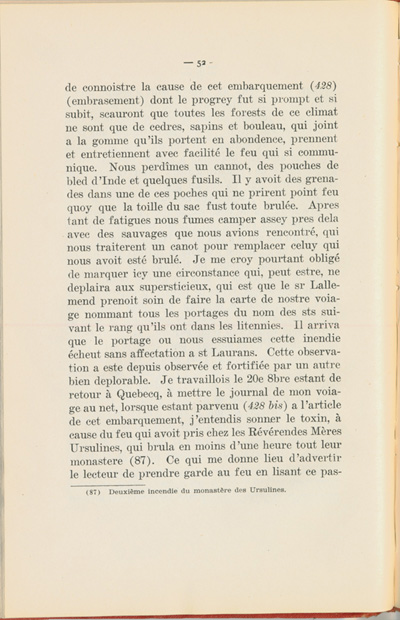Reproduction de la cinquante deuxi&egrave;me page du Journal de l’exp&eacute;dition du chevalier de Troyes &agrave; la baie d’Hudson en 1686, &eacute;dit&eacute; et annot&eacute; par Yvanhoe Caron, d&eacute;crivant le trajet de Mattawa &agrave; la rivi&egrave;re Moose, en passant par la rivi&egrave;re Outaouais, le lac Temiscamingue, le lac et la rivi&egrave;re Abitibi, 1918.