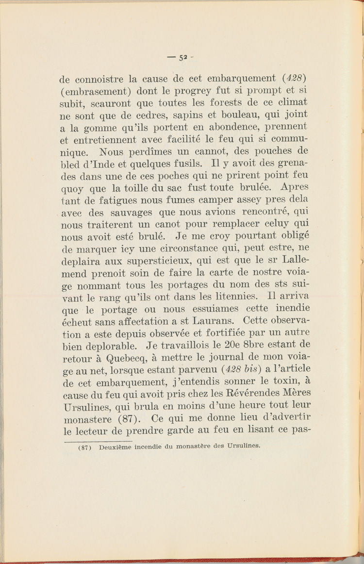 Reproduction de la cinquante deuxi&egrave;me page du Journal de l’exp&eacute;dition du chevalier de Troyes &agrave; la baie d’Hudson en 1686, &eacute;dit&eacute; et annot&eacute; par Yvanhoe Caron, d&eacute;crivant le trajet de Mattawa &agrave; la rivi&egrave;re Moose, en passant par la rivi&egrave;re Outaouais, le lac Temiscamingue, le lac et la rivi&egrave;re Abitibi, 1918.