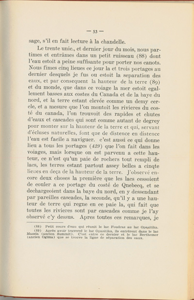 Reproduction de la cinquante troisi&egrave;me page du Journal de l’exp&eacute;dition du chevalier de Troyes &agrave; la baie d’Hudson en 1686, &eacute;dit&eacute; et annot&eacute; par Yvanhoe Caron, d&eacute;crivant le trajet de Mattawa &agrave; la rivi&egrave;re Moose, en passant par la rivi&egrave;re Outaouais, le lac Temiscamingue, le lac et la rivi&egrave;re Abitibi, 1918.