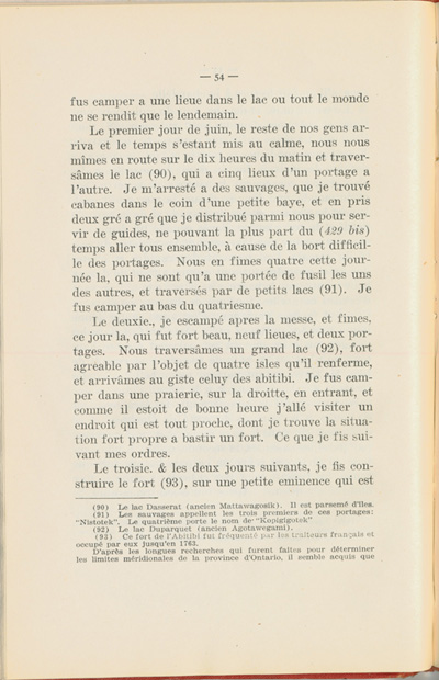 Reproduction de la cinquante quatri&egrave;me page du Journal de l’exp&eacute;dition du chevalier de Troyes &agrave; la baie d’Hudson en 1686, &eacute;dit&eacute; et annot&eacute; par Yvanhoe Caron, d&eacute;crivant le trajet de Mattawa &agrave; la rivi&egrave;re Moose, en passant par la rivi&egrave;re Outaouais, le lac Temiscamingue, le lac et la rivi&egrave;re Abitibi, 1918.