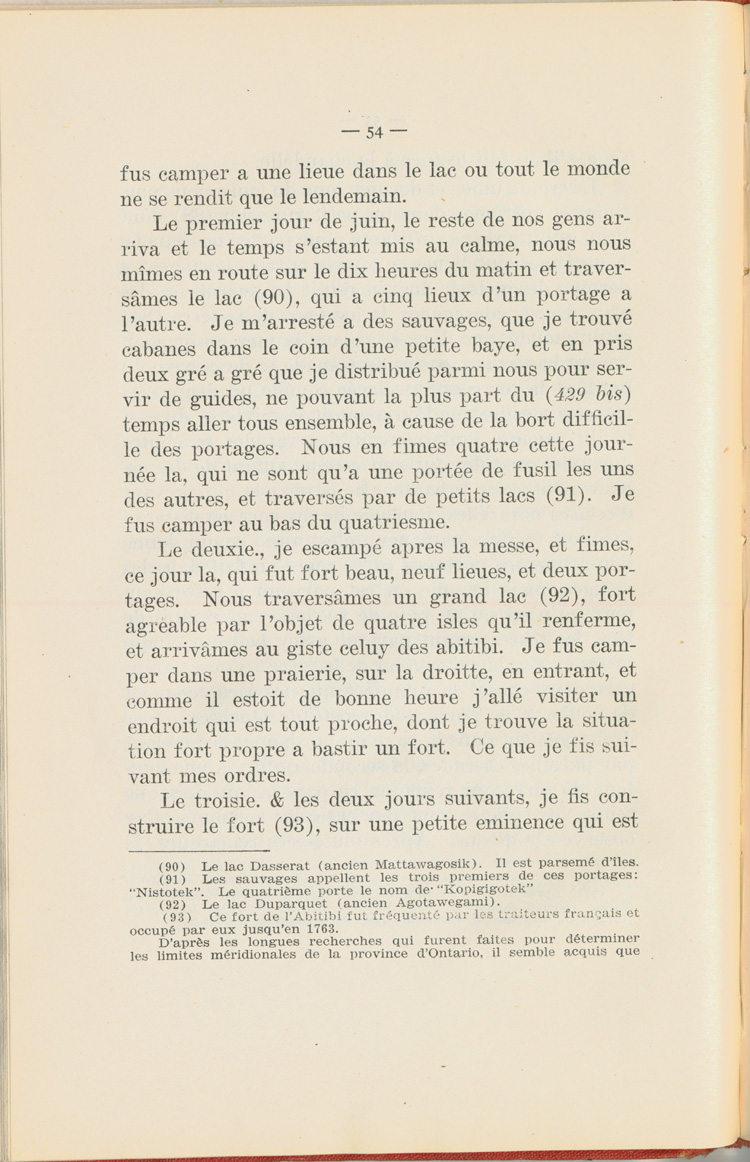 Reproduction de la cinquante quatri&egrave;me page du Journal de l’exp&eacute;dition du chevalier de Troyes &agrave; la baie d’Hudson en 1686, &eacute;dit&eacute; et annot&eacute; par Yvanhoe Caron, d&eacute;crivant le trajet de Mattawa &agrave; la rivi&egrave;re Moose, en passant par la rivi&egrave;re Outaouais, le lac Temiscamingue, le lac et la rivi&egrave;re Abitibi, 1918.
