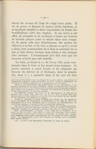 Reproduction de la cinquante cinqui&egrave;me page du Journal de l’exp&eacute;dition du chevalier de Troyes &agrave; la baie d’Hudson en 1686, &eacute;dit&eacute; et annot&eacute; par Yvanhoe Caron, d&eacute;crivant le trajet de Mattawa &agrave; la rivi&egrave;re Moose, en passant par la rivi&egrave;re Outaouais, le lac Temiscamingue, le lac et la rivi&egrave;re Abitibi, 1918.