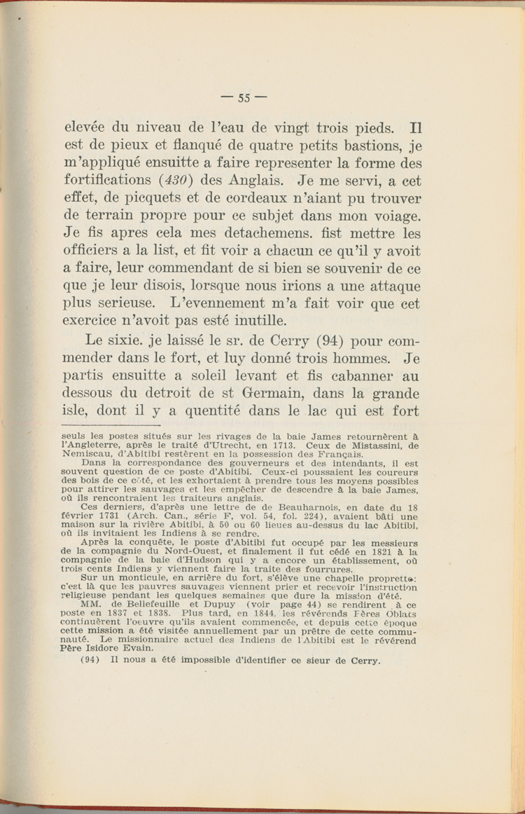 Reproduction de la cinquante cinqui&egrave;me page du Journal de l’exp&eacute;dition du chevalier de Troyes &agrave; la baie d’Hudson en 1686, &eacute;dit&eacute; et annot&eacute; par Yvanhoe Caron, d&eacute;crivant le trajet de Mattawa &agrave; la rivi&egrave;re Moose, en passant par la rivi&egrave;re Outaouais, le lac Temiscamingue, le lac et la rivi&egrave;re Abitibi, 1918.
