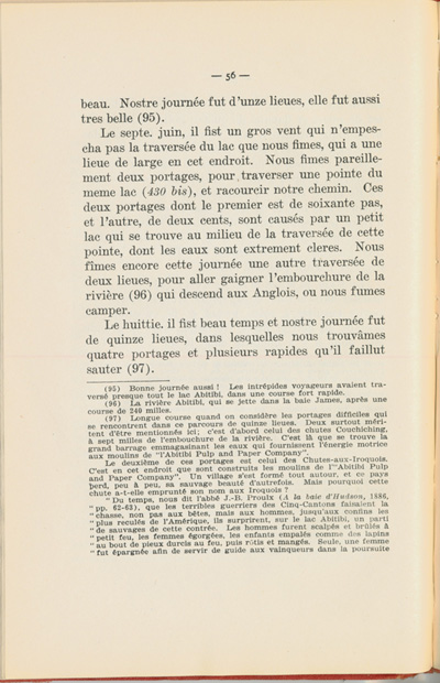 Reproduction de la cinquante sixi&egrave;me page du Journal de l’exp&eacute;dition du chevalier de Troyes &agrave; la baie d’Hudson en 1686, &eacute;dit&eacute; et annot&eacute; par Yvanhoe Caron, d&eacute;crivant le trajet de Mattawa &agrave; la rivi&egrave;re Moose, en passant par la rivi&egrave;re Outaouais, le lac Temiscamingue, le lac et la rivi&egrave;re Abitibi, 1918.