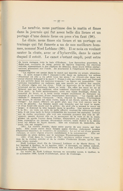 Reproduction de la cinquante septi&egrave;me page du Journal de l’exp&eacute;dition du chevalier de Troyes &agrave; la baie d’Hudson en 1686, &eacute;dit&eacute; et annot&eacute; par Yvanhoe Caron, d&eacute;crivant le trajet de Mattawa &agrave; la rivi&egrave;re Moose, en passant par la rivi&egrave;re Outaouais, le lac Temiscamingue, le lac et la rivi&egrave;re Abitibi, 1918.