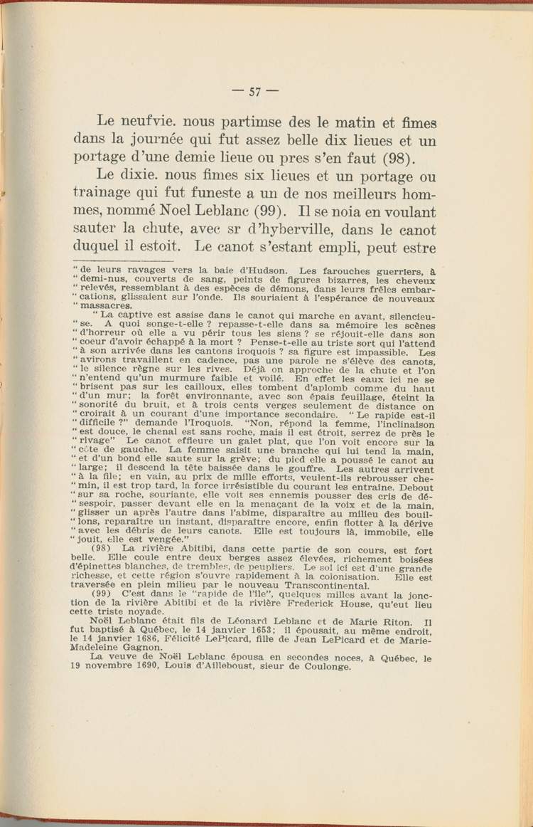 Reproduction de la cinquante septi&egrave;me page du Journal de l’exp&eacute;dition du chevalier de Troyes &agrave; la baie d’Hudson en 1686, &eacute;dit&eacute; et annot&eacute; par Yvanhoe Caron, d&eacute;crivant le trajet de Mattawa &agrave; la rivi&egrave;re Moose, en passant par la rivi&egrave;re Outaouais, le lac Temiscamingue, le lac et la rivi&egrave;re Abitibi, 1918.