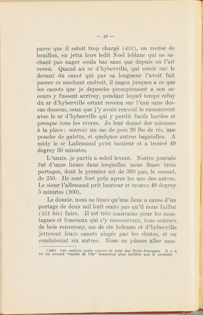 Reproduction de la cinquante huiti&egrave;me page du Journal de l’exp&eacute;dition du chevalier de Troyes &agrave; la baie d’Hudson en 1686, &eacute;dit&eacute; et annot&eacute; par Yvanhoe Caron, d&eacute;crivant le trajet de Mattawa &agrave; la rivi&egrave;re Moose, en passant par la rivi&egrave;re Outaouais, le lac Temiscamingue, le lac et la rivi&egrave;re Abitibi, 1918.