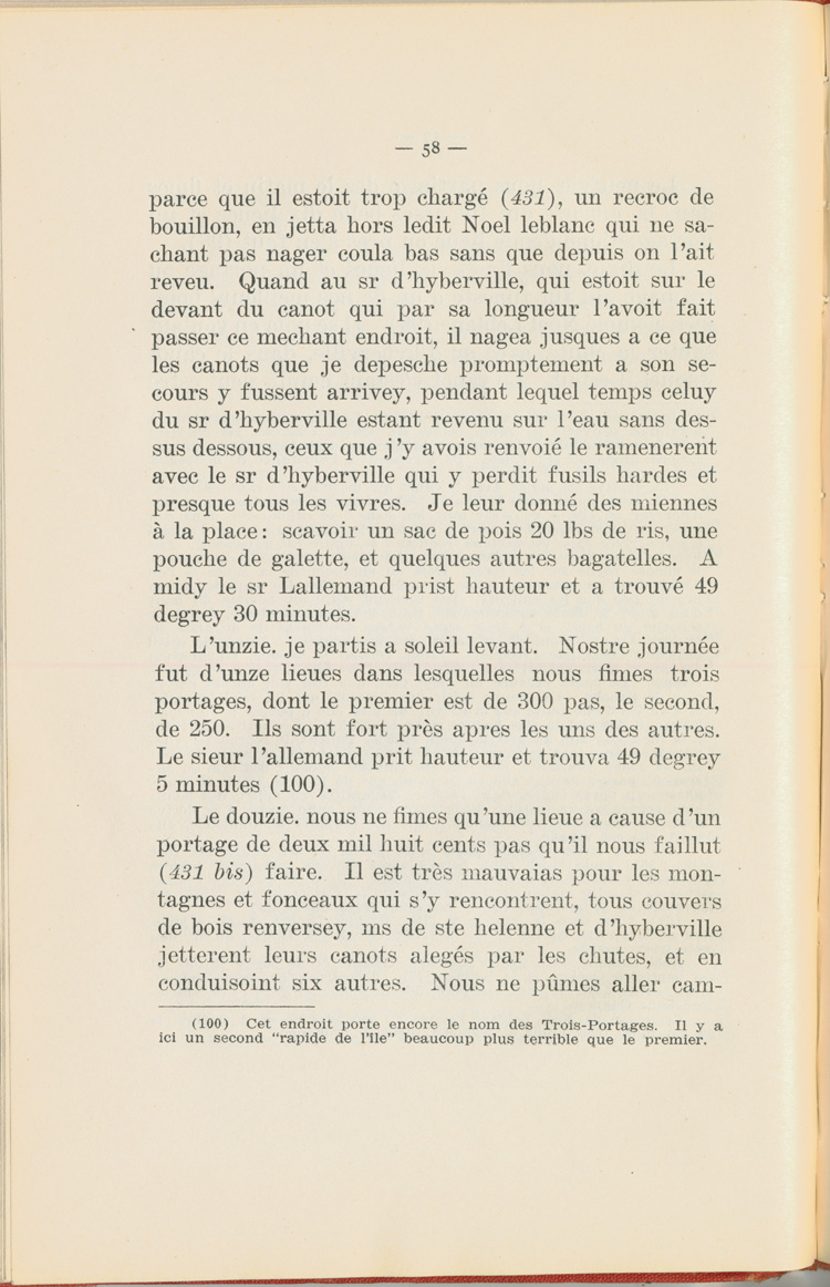 Reproduction de la cinquante huiti&egrave;me page du Journal de l’exp&eacute;dition du chevalier de Troyes &agrave; la baie d’Hudson en 1686, &eacute;dit&eacute; et annot&eacute; par Yvanhoe Caron, d&eacute;crivant le trajet de Mattawa &agrave; la rivi&egrave;re Moose, en passant par la rivi&egrave;re Outaouais, le lac Temiscamingue, le lac et la rivi&egrave;re Abitibi, 1918.
