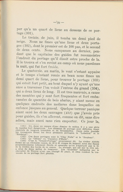 Reproduction de la cinquante neuvi&egrave;me page du Journal de l’exp&eacute;dition du chevalier de Troyes &agrave; la baie d’Hudson en 1686, &eacute;dit&eacute; et annot&eacute; par Yvanhoe Caron, d&eacute;crivant le trajet de Mattawa &agrave; la rivi&egrave;re Moose, en passant par la rivi&egrave;re Outaouais, le lac Temiscamingue, le lac et la rivi&egrave;re Abitibi, 1918.