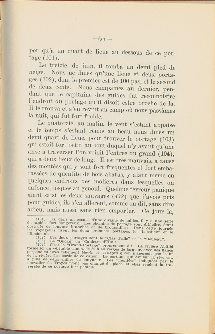 Reproduction de la cinquante neuvi&egrave;me page du Journal de l’exp&eacute;dition du chevalier de Troyes &agrave; la baie d’Hudson en 1686, &eacute;dit&eacute; et annot&eacute; par Yvanhoe Caron, d&eacute;crivant le trajet de Mattawa &agrave; la rivi&egrave;re Moose, en passant par la rivi&egrave;re Outaouais, le lac Temiscamingue, le lac et la rivi&egrave;re Abitibi, 1918.