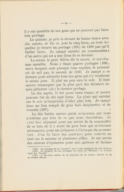 Reproduction de la soixanti&egrave;me page du Journal de l’exp&eacute;dition du chevalier de Troyes &agrave; la baie d’Hudson en 1686, &eacute;dit&eacute; et annot&eacute; par Yvanhoe Caron, d&eacute;crivant le trajet de Mattawa &agrave; la rivi&egrave;re Moose, en passant par la rivi&egrave;re Outaouais, le lac Temiscamingue, le lac et la rivi&egrave;re Abitibi, 1918.